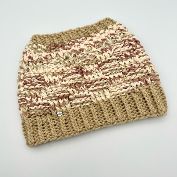 Handmade Knit Messy Bun High Ponytail Beanie Hat Basket Weave Neutral One Size - Picture 3 of 7